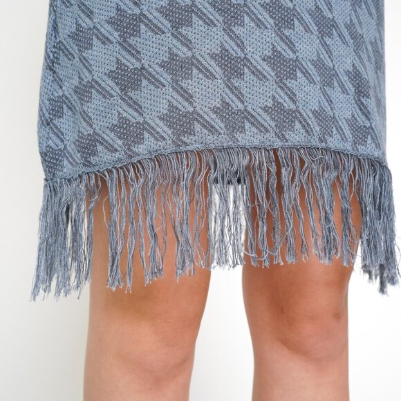MYSTREE Blue Houndstooth Fringe Hem Sleeveless Dress Retro Boho Style - Picture 7 of 7